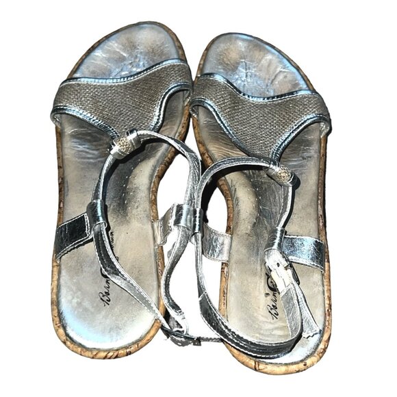 Born MJJ7 Silver Canvas & Leather Peep Toe Slingback Wedges Sz 10 Womens Wooden - Picture 16 of 16